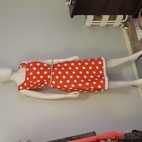 Vtg DRESS BARN 1990s Retro Mod Polka Dot Belted Waist Sleeveless A-Line Dress - Picture 2 of 9